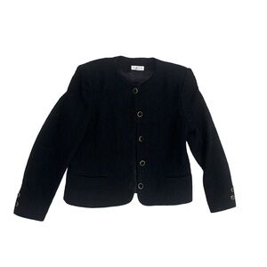 Vtg Talbots Black Wool Boucle Tweed Collarless Blazer Jacket Gold Buttons Sz 6